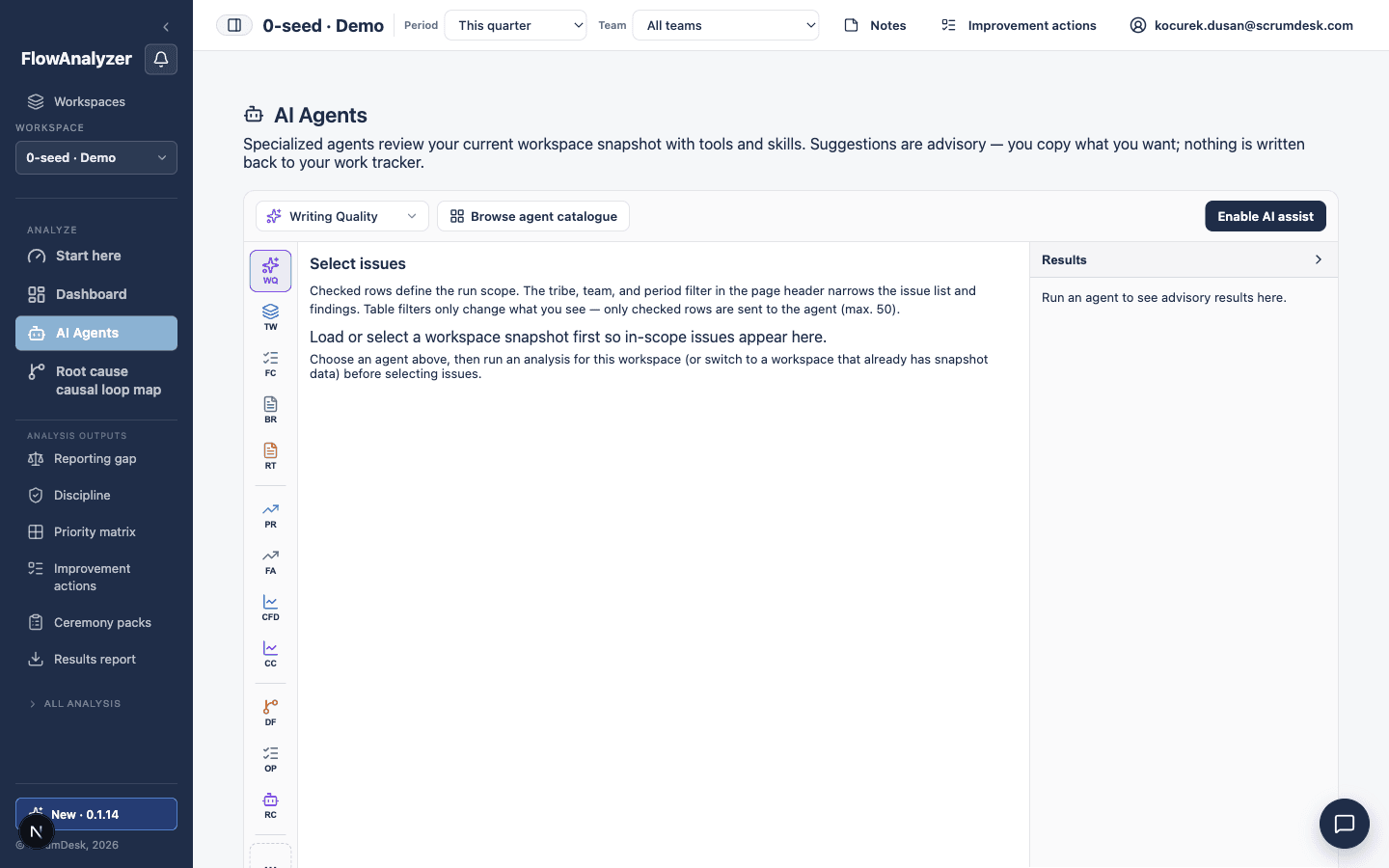 AI Agents hub with specialist agent cards and run controls