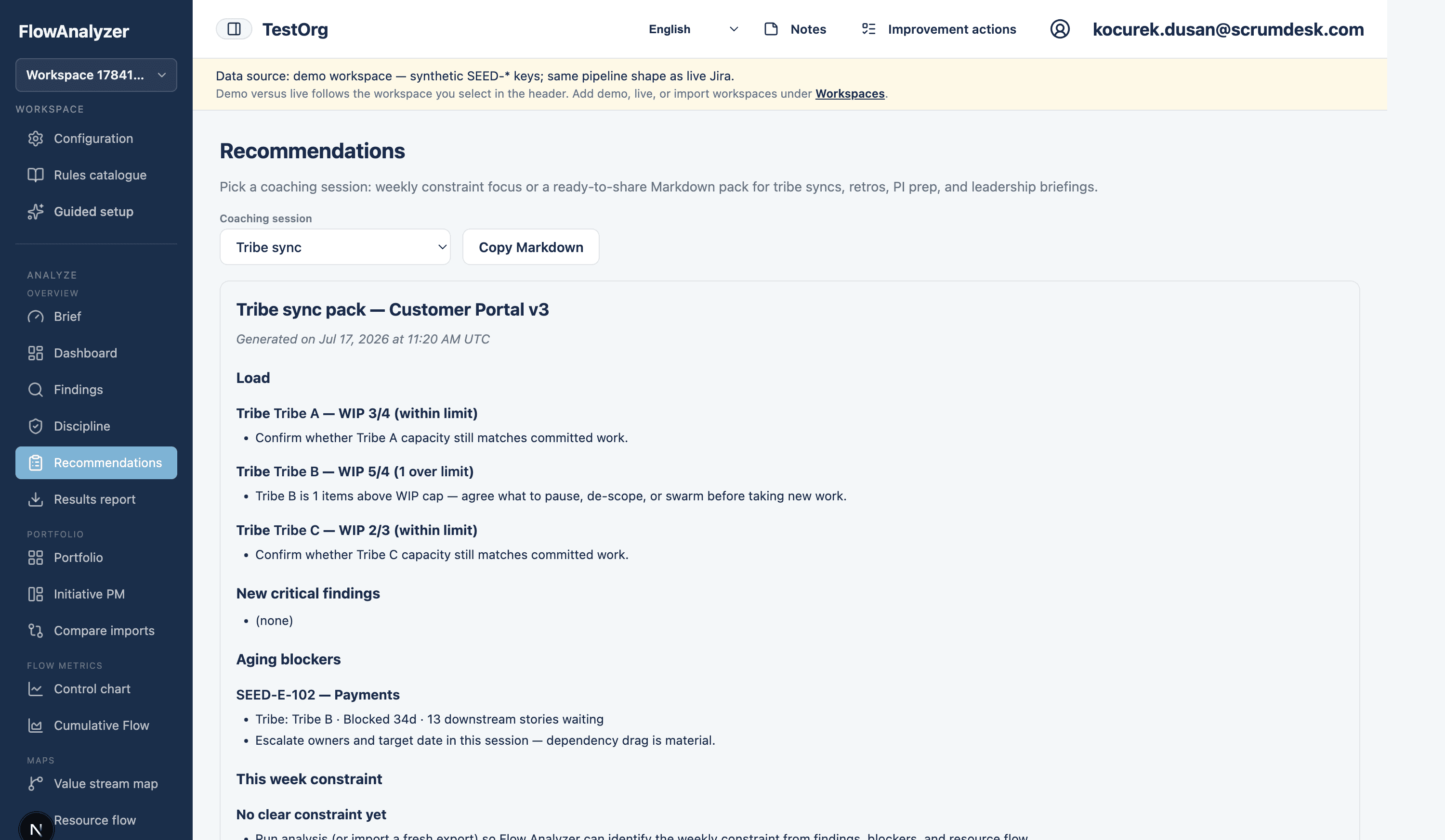 Recommendations screen with Tribe sync pack and critical findings list