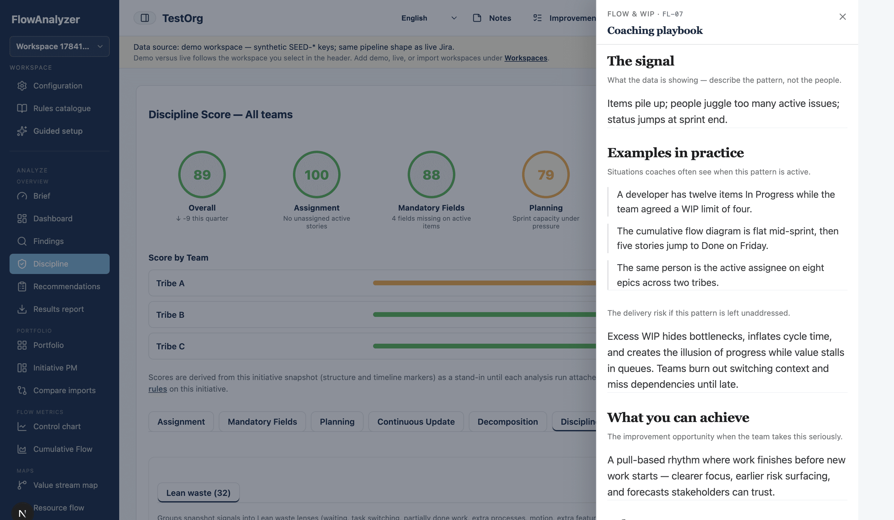 Coaching playbook side panel with signal, examples, and facilitation script for a flow rule
