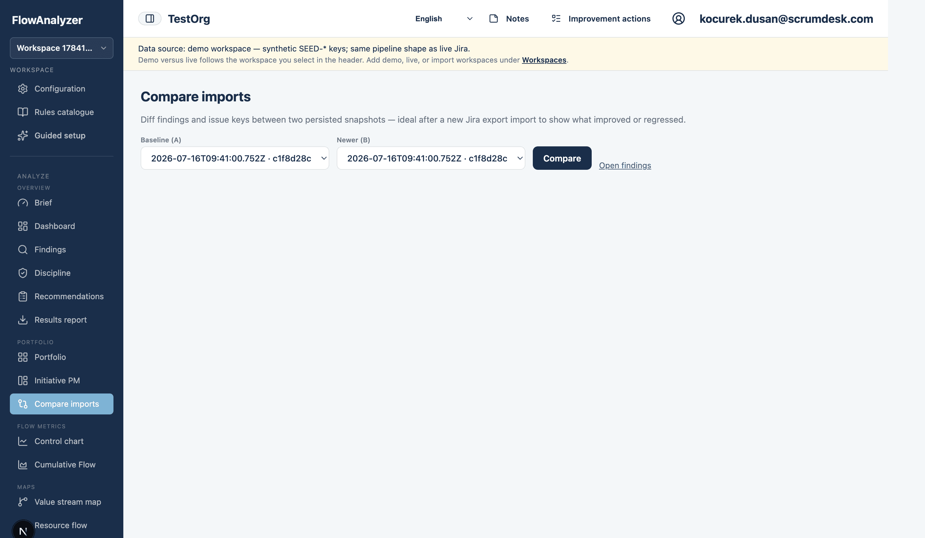 Compare imports screen with baseline and newer snapshot selectors