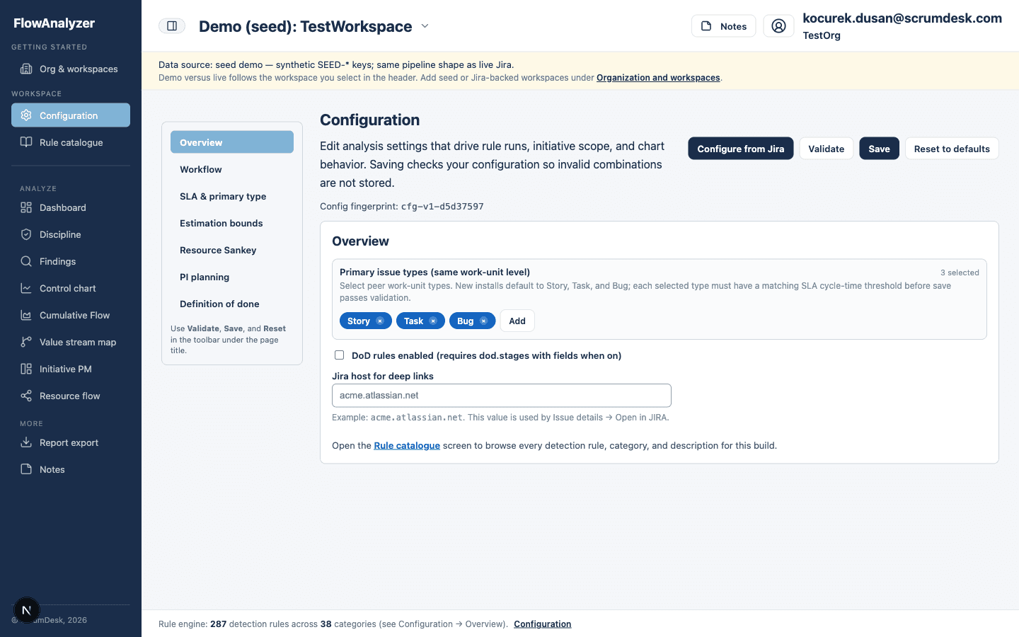 Workspace configuration screen for Jira scope and analysis settings