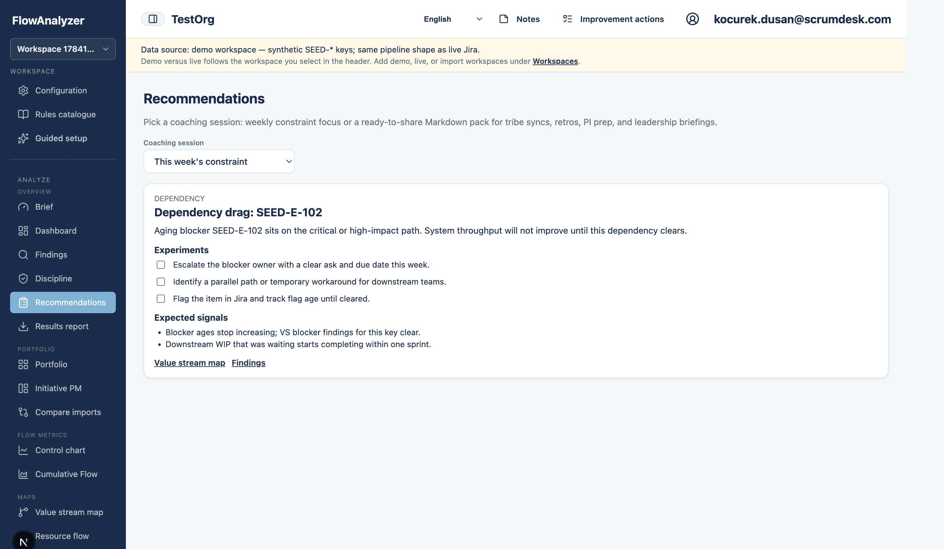 Weekly constraint focus with correlated findings and improvement suggestions