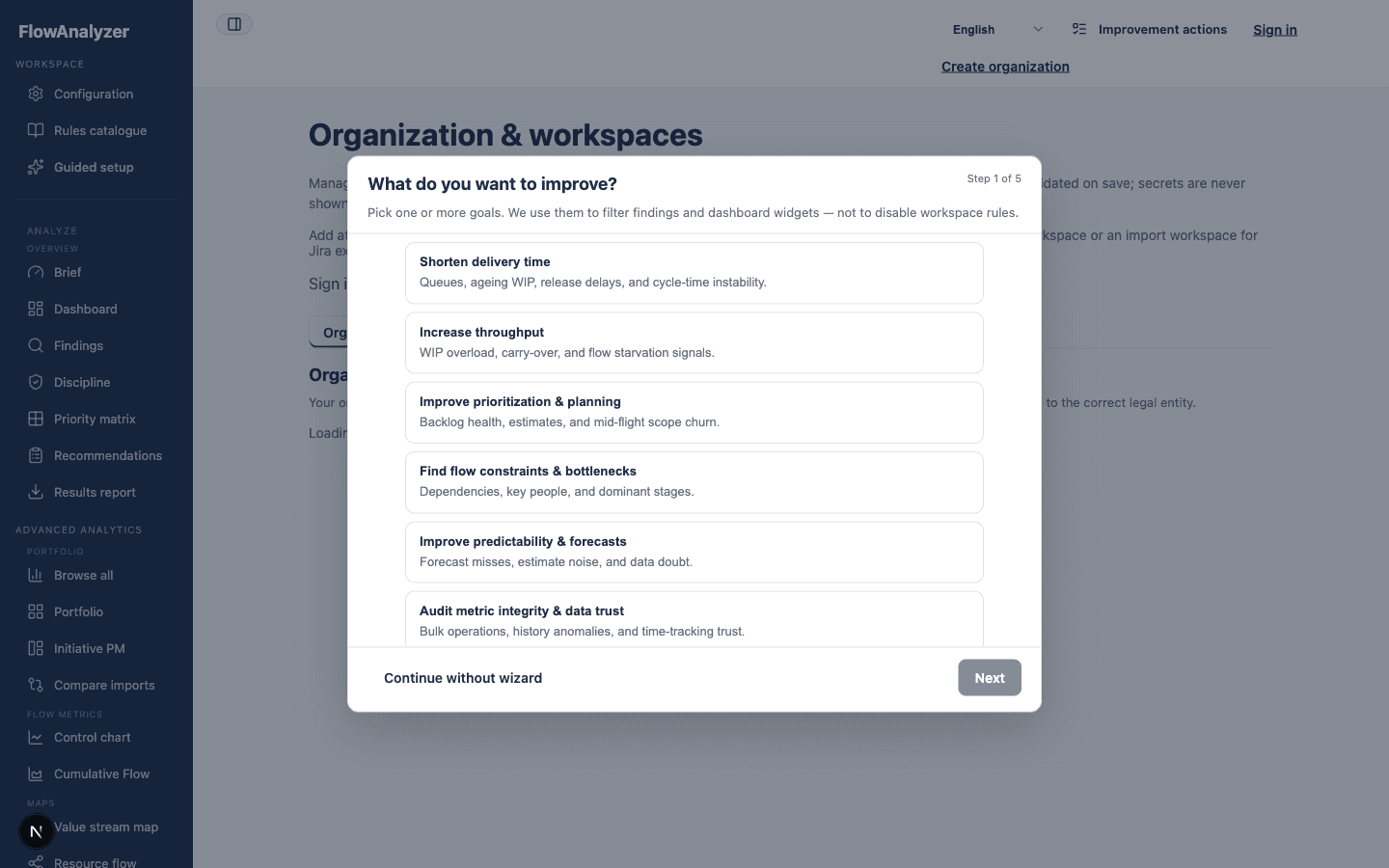 Focus Wizard dialog with goal selection cards for guided delivery focus