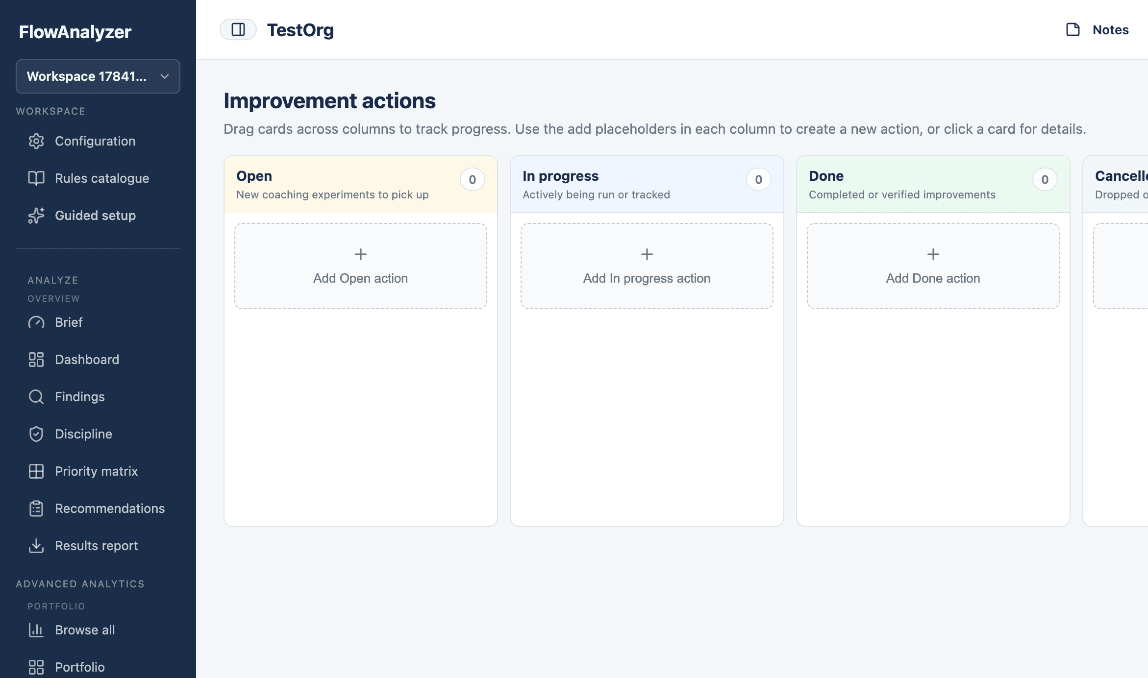Improvement actions Kanban board with Open and In progress coaching cards
