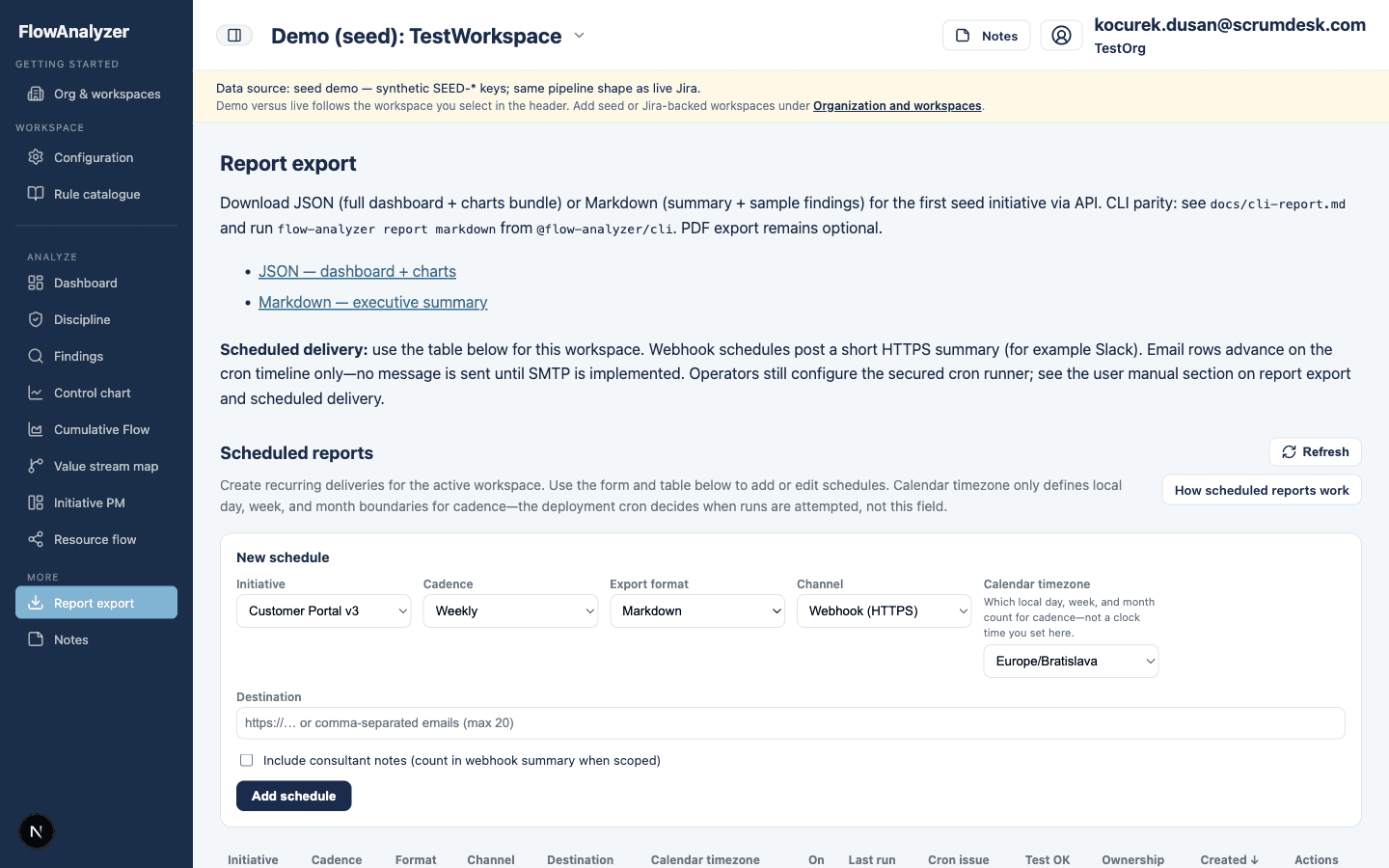Report export screen for sharing analysis results