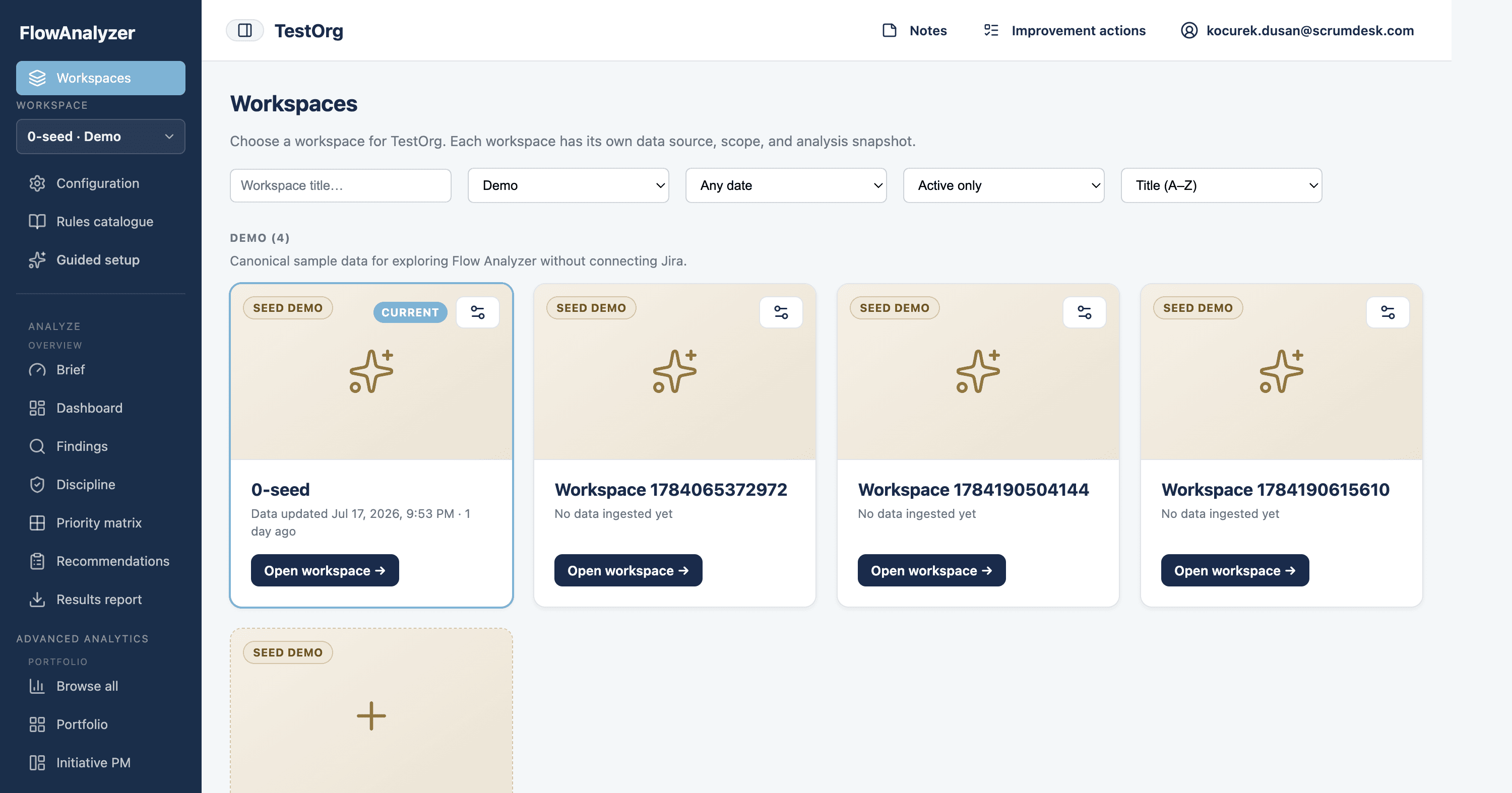 Workspaces catalog with grouped cards, filters, and workspace preview tiles